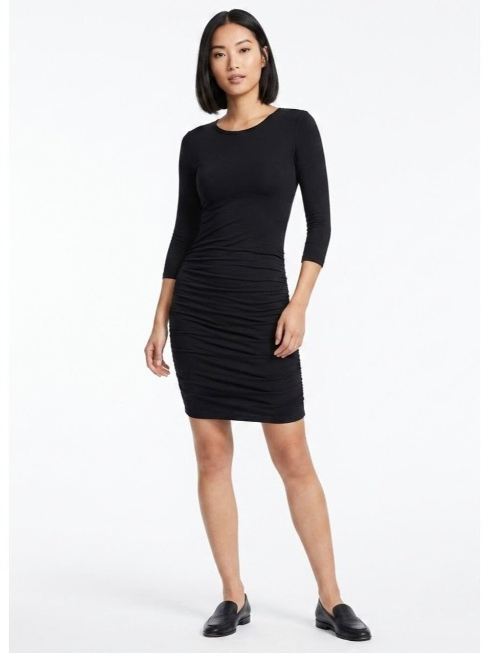 NWT James Perse Skinny Ruched Sheath in Black Shirred Seam Dress 2 / M $245
